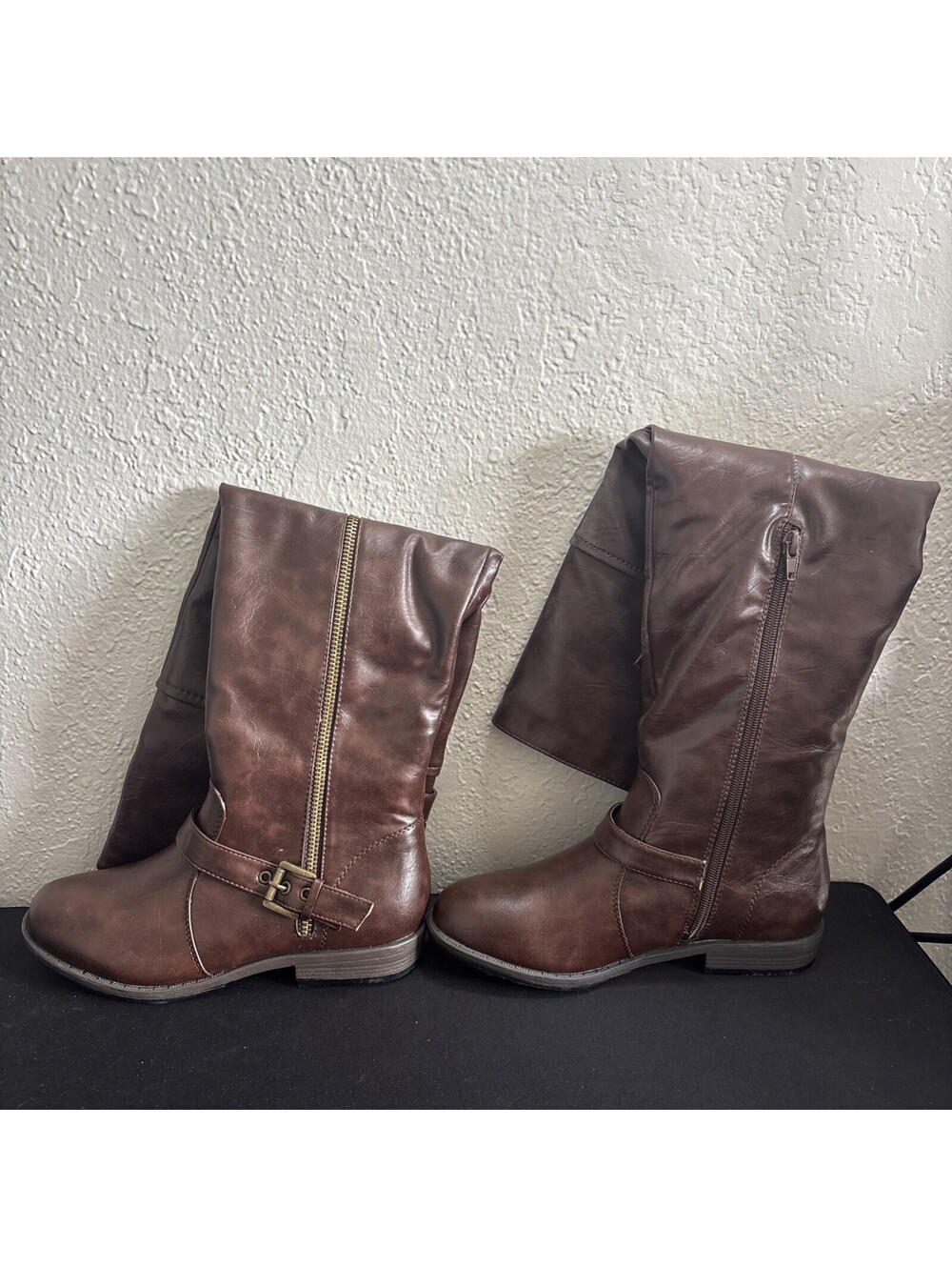 Bamboo Women's Size 6.5 Brown Riding Boots Buckle Strap Full Side Zip Tall